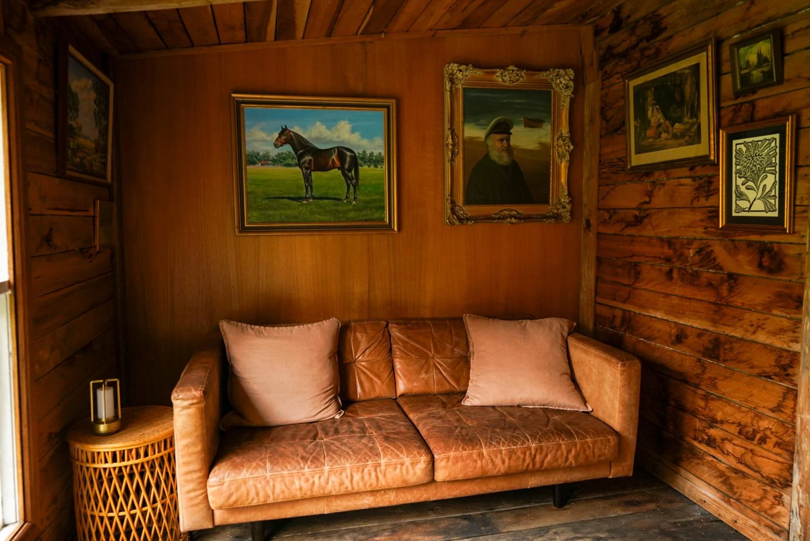 A cosy fireside nook with layered vintage details