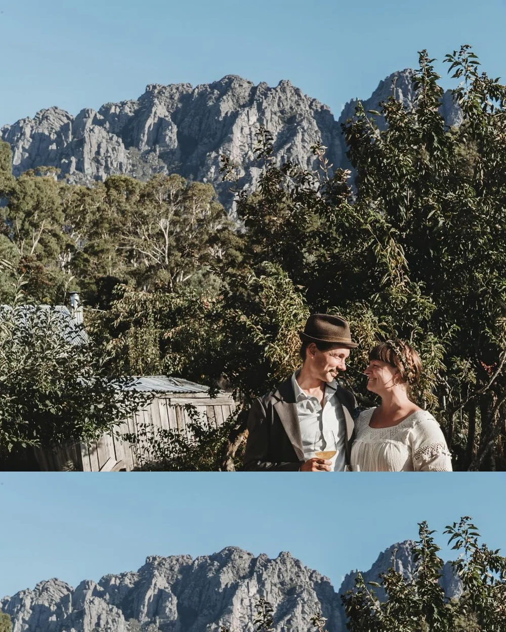 A wedding celebration at Whispering Woods with Mount Roland beyond